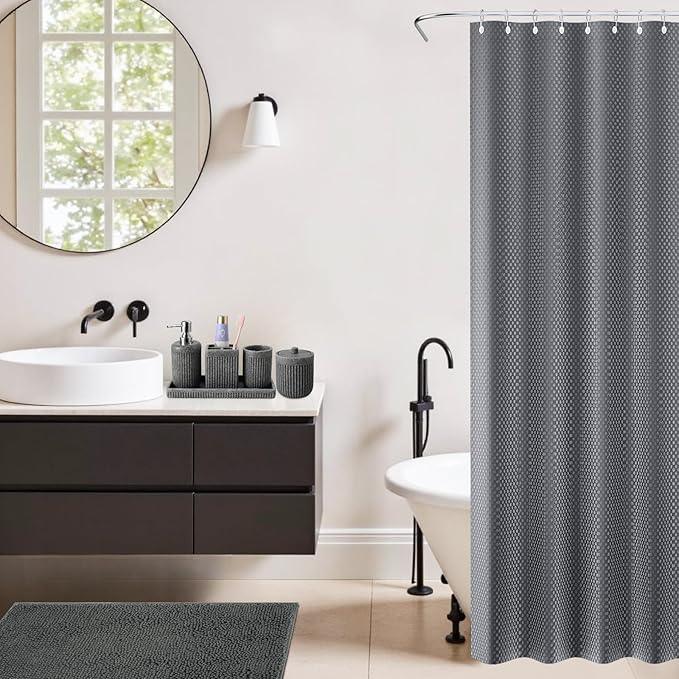 XLHOMO 8-Piece Grey Bathroom Set - Resin Bathroom Accessories Sets Complete with Shower Curtain and Rugs, Soap Dispenser, Toothbrush Holder, Tumbler & Apothecary Jars - ModernBath