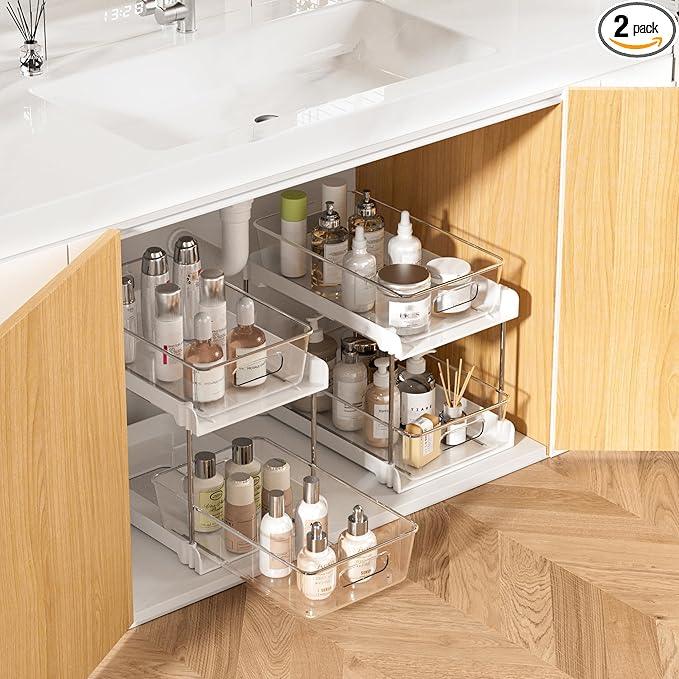Vtopmart 2 Pack Bathroom Organizer, 2 Tier White Under Sink Organizers Vanity Countertop Storage Container,Cabinet Drawers Bins, Pull-Out Organization with Track for Pantry, Kitchen - ModernBath
