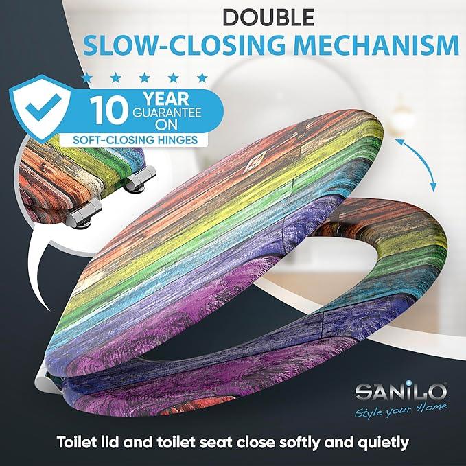 SANILO Wooden Toilet Seat with Soft Close [ELONGATED] - Decorative, Quiet & Slow Close Molded Wood Seat - With Strong Bumpers & Hinges - Adjustable Fit - Rainbow - ModernBath