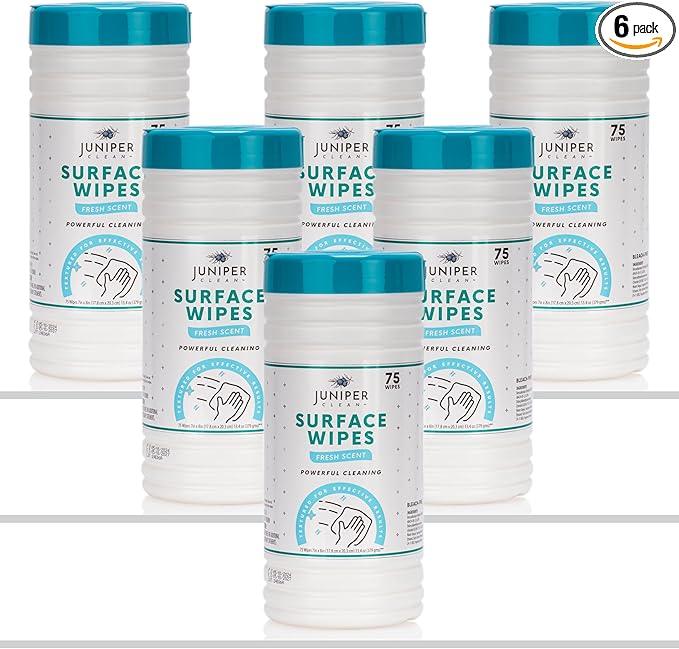 Juniper CLEAN 6 Pack Surface Cleaning Wipes Bleach Free, All-Purpose Cleaner for Bathroom, Kitchen, Office, 450 Count Canister, 7.5" x 7" Sheet, Fresh Scent, Lint Free & Durable - ModernBath