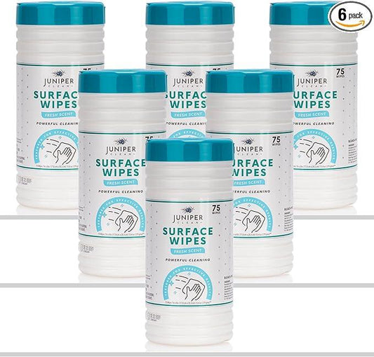 Juniper CLEAN 6 Pack Surface Cleaning Wipes Bleach Free, All-Purpose Cleaner for Bathroom, Kitchen, Office, 450 Count Canister, 7.5" x 7" Sheet, Fresh Scent, Lint Free & Durable - ModernBath