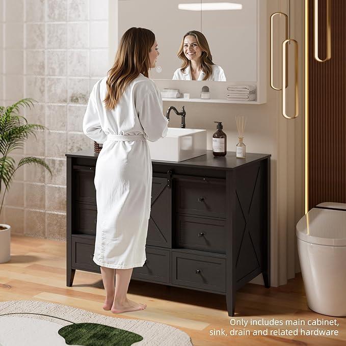 VNN Bathroom Vanity with Sink - 48 Inch Bathroom Vanity with Sink Ceramic, Freestanding Cabinet with Farmhouse Sliding Barn Door and 7 Drawers, Space-Saving Storage Cabinet, Wood Grain Texture, Black - ModernBath