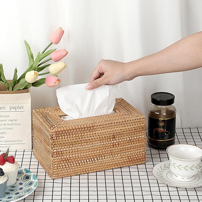 Sumnacon Tissue Box Cover Large Rectangle Tissue Box Rattan Tissue Box Holder,Wicker Decorative Tissue Holder for Bathroom Toilet Living Room Kitchen Office Table Desk,Yellow - ModernBath