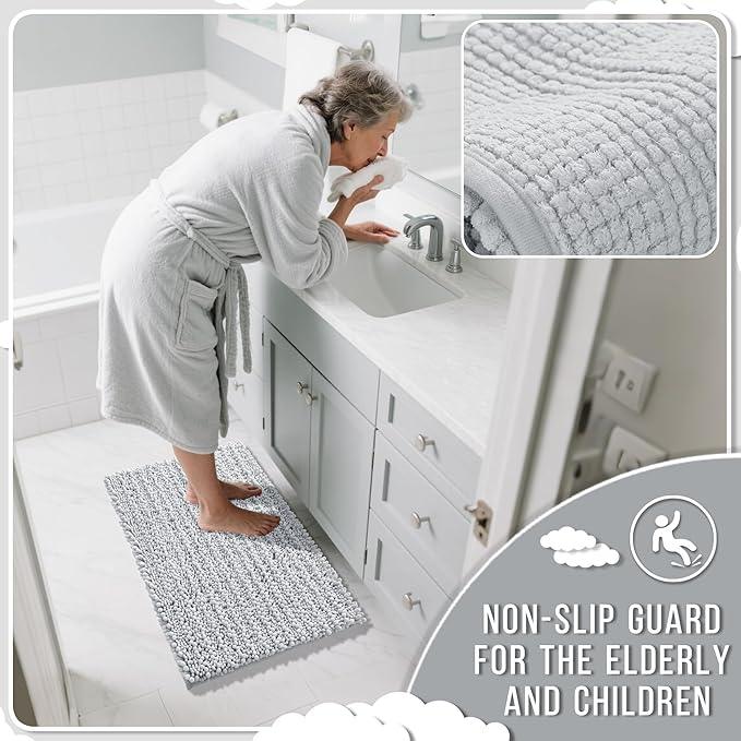 Yimobra Bathroom Rugs Non Slip Washable 32x20 Inch - Ultra Soft Absorbent Chenille Bath Mat, Quick Dry Shaggy Floor Carpet for Tub Shower, Silver Home Decor Accessories - ModernBath