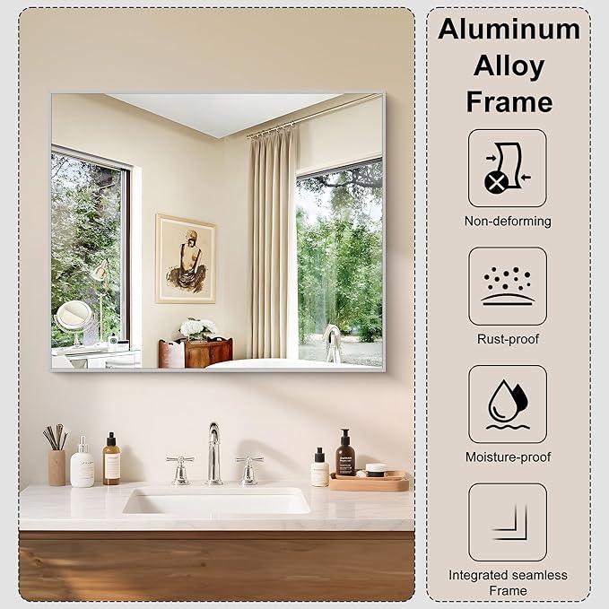 KOCUUY Silver Framed Mirror, 30"x36" Rectangle Bathroom Mirror for Wall, HD Tempered Glass, Anti-Rust Frame, Modern Design for Bathroom, Bedroom, Living Room, Entryway - ModernBath