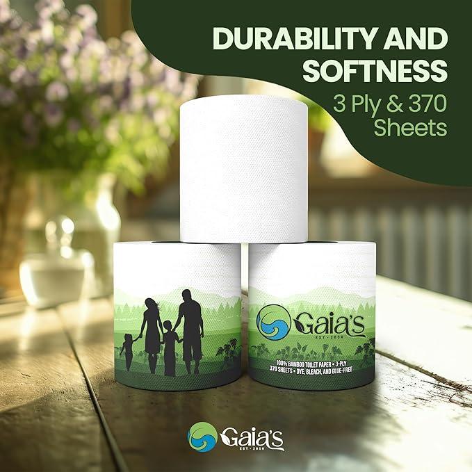 Gaias Premium and Soft Organic Bamboo Toilet Paper | 48 Mega Rolls, 3 Ply, 370 Sheets | FSC Certified, PFAS & BPA Free, Eco-Friendly, Sustainable Tissue - Plastic Free, Septic Safe, Vegan - ModernBath