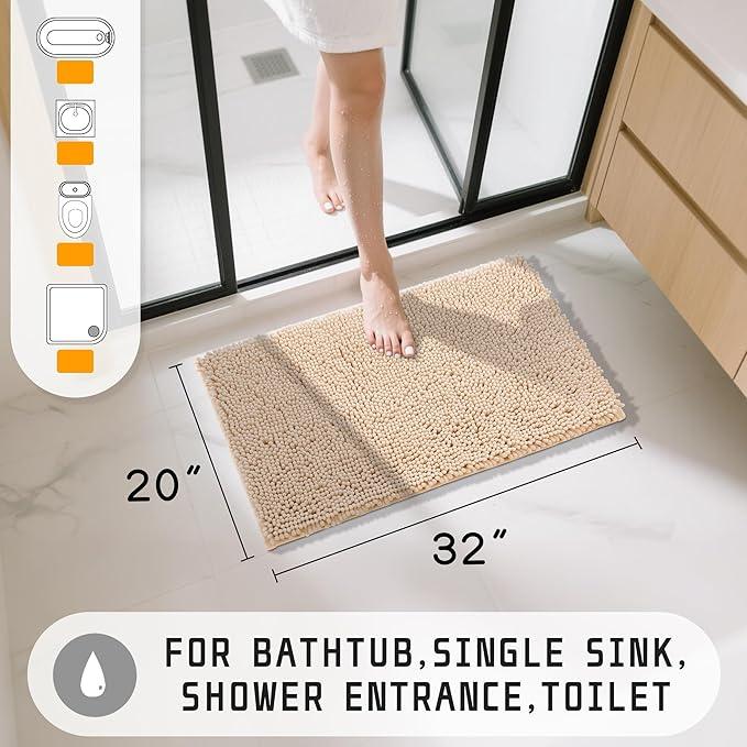 Yimobra Washable Bathroom Rugs, Super Soft & Absorbent Chenille Bath Mat for Floor & Carpet, Quick Dry Non Slip Bath Mat for Tub Shower, 32"x20",Beige - ModernBath