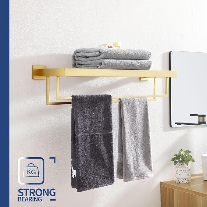 KOKOSIRI Towel Shelf Holder 24'' Bathroom Towel Rack with Two Bath Towel Bars Rails SUS304 Stainless Steel Wall Mount, Brushed Gold, B6003BG - ModernBath