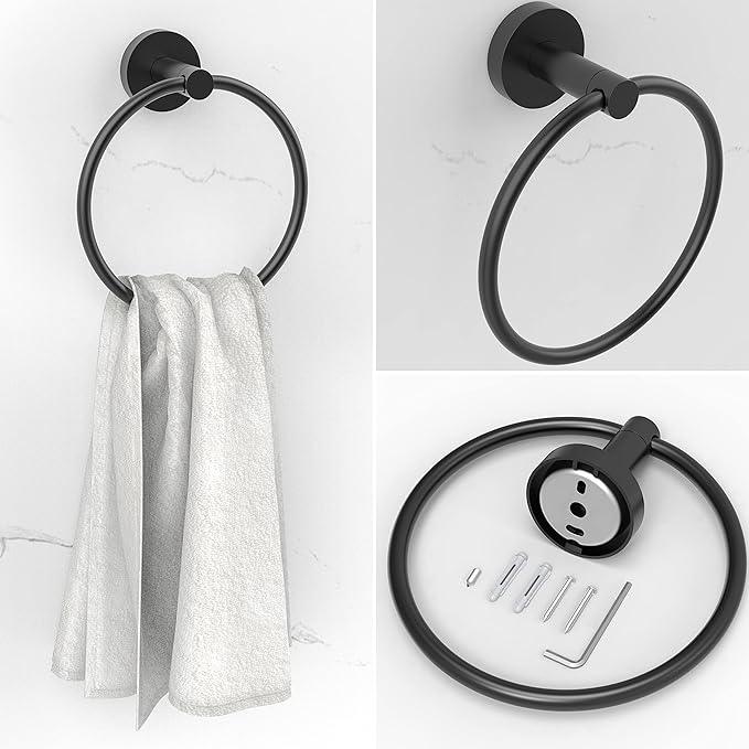 6 PCS Bathroom Hardware Set, Including 16" Hand Towel Bar, Toilet Paper Holder, Towel Ring, Robe Towel Hooks, Bathroom Accessories Kit(Matte Black) - ModernBath