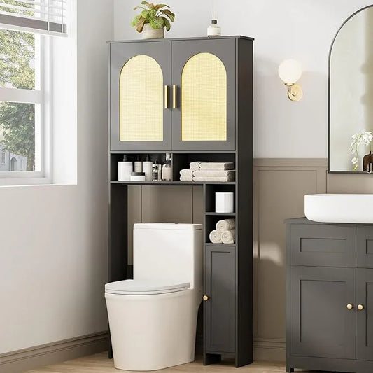 Homhedy 67" H Over The Toilet Storage Cabinet, Boho Bathroom Organizer with Rattan Decorated Doors, Adjustable Shelves, Toilet Paper Holder, Space-Saving Bathroom Shelf, Natural and Black - ModernBath