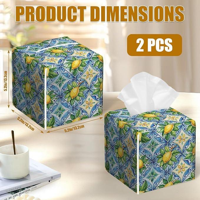 Watercolor Lemon Tissue Box Cover 2PCS, Blue Tile Leather Tissue Box Holder Square Facial Paper Case Tissue Box Cube Organizer for Bathroom Bedroom Desk Office - ModernBath