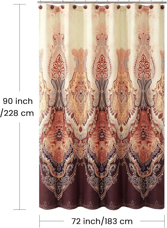BESTRIPES Extra Long Shower Curtain 72x90 Inches, Water Repellent Fabric with Gold and Brown Baroque Pattern, 12 Metal Grommets and Weighted Hem - ModernBath