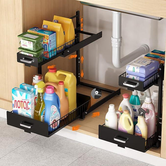 Under Sink Organizer,2 Tier Slide Out Kitchen Cabinet Organizers with Pulley,Under Bathroom Sink Pull Out Organizer with Multiple Height Adjustments for Kitchen and Bathroom Cabinets-Black - ModernBath