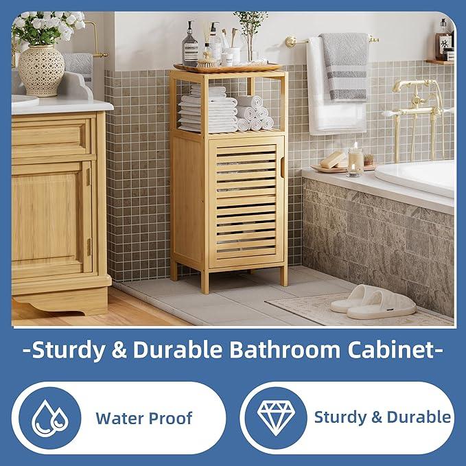 HITNET Bathroom Cabinet Freestanding, Small Bamboo Floor Cabinet, 4 Tier Single Door Sofa Side Table Storage Organizer, Space Saving Kitchen Cupboard, Natural - ModernBath