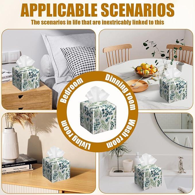 Eucalyptus Sage Tissue Box Cover 2PCS, Plants Leather Tissue Box Holder Square Facial Paper Case Tissue Box Cube Organizer for Bathroom Bedroom Desk Office - ModernBath