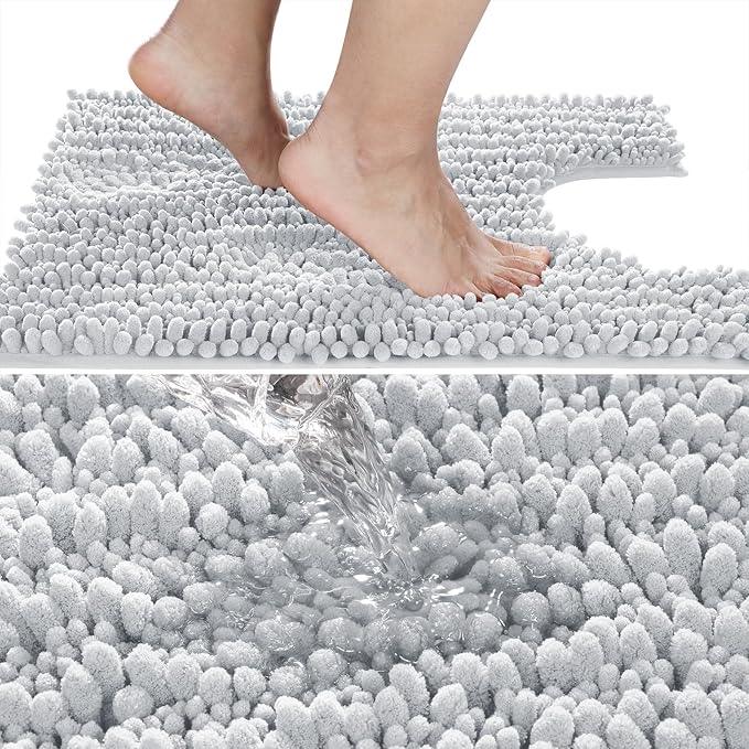 Yimobra Toilet Rug U Shaped Washable 24x24 Inch - Ultra Soft Absorbent Chenille Bath Rugs for Toilet, Quick Dry & Machine Washable, Non Slip Contour Bathroom Mat, Silver - ModernBath