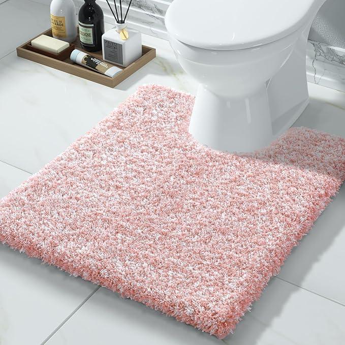 Yimobra Toilet Rugs U Shaped Washable 24x20, Ultra Soft and Water Absorbent Bath Mats, Non Slip Fluffy Shaggy Luxury Microfiber Contour Bath Rugs for Toilet, Dry Quick, Light Pink and White - ModernBath