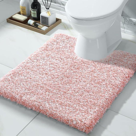 Yimobra Toilet Rugs U Shaped Washable 24x20, Ultra Soft and Water Absorbent Bath Mats, Non Slip Fluffy Shaggy Luxury Microfiber Contour Bath Rugs for Toilet, Dry Quick, Light Pink and White - ModernBath