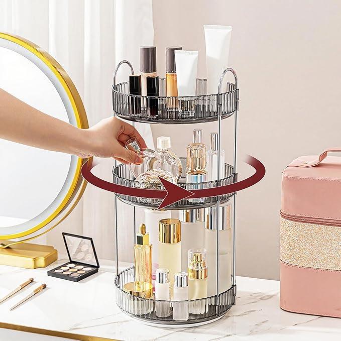 INVSSENE 360° Rotating Makeup Organizer, Bathroom Make Up Spinning Holder Rack, Large Capacity Cosmetics Storage Vanity Shelf Countertop, Fits Cosmetics, Perfume, Skincare, Lipsticks(3 Tiers, Gray) - ModernBath