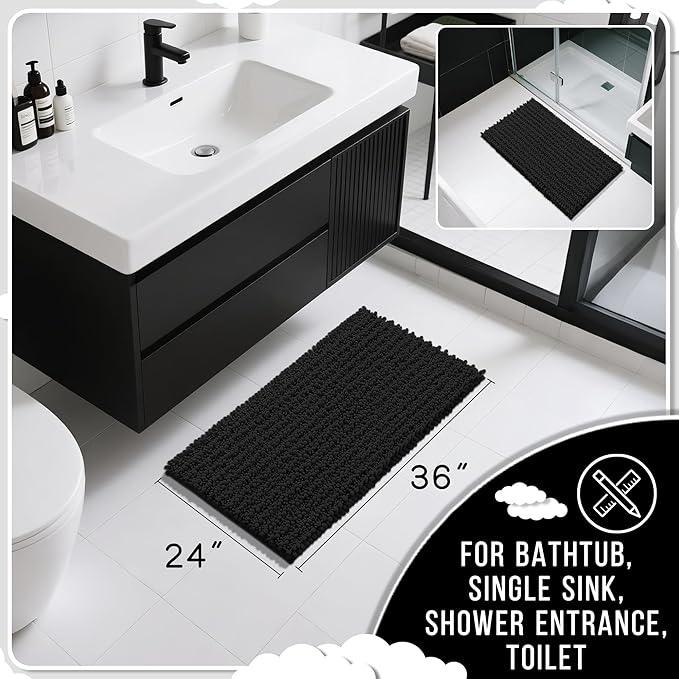 Yimobra Large Bathroom Rugs Non Slip Washable 36x24 Inch - Ultra Soft Absorbent Chenille Bath Mat, Quick Dry Shaggy Floor Carpet for Tub Shower, Black Home Decor Accessories - ModernBath