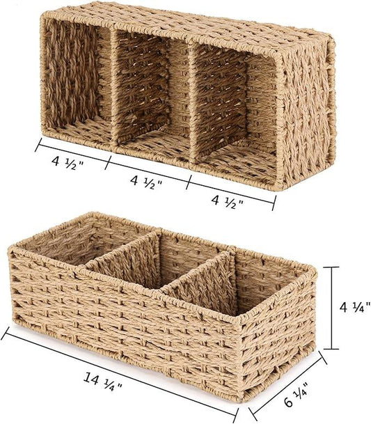 Vagusicc 3-Section Wicker Baskets for Shelves, Hand-Woven Round Paper Rope Wicker Storage Basket, Toilet Paper Basket for Toilet Tank Top, Baskets for Organizing, 2-Pack - ModernBath