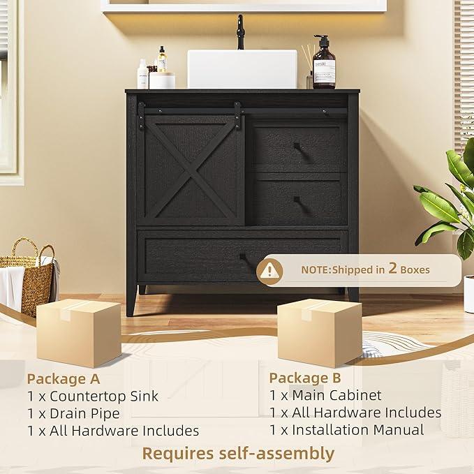 VNN Bathroom Vanity with Sink - 36 Inch Bathroom Vanity with Sink Ceramic, Freestanding Cabinet with Farmhouse Sliding Barn Door and 3 Drawers, Space-Saving Storage Cabinet, Wood Grain Texture, Black - ModernBath