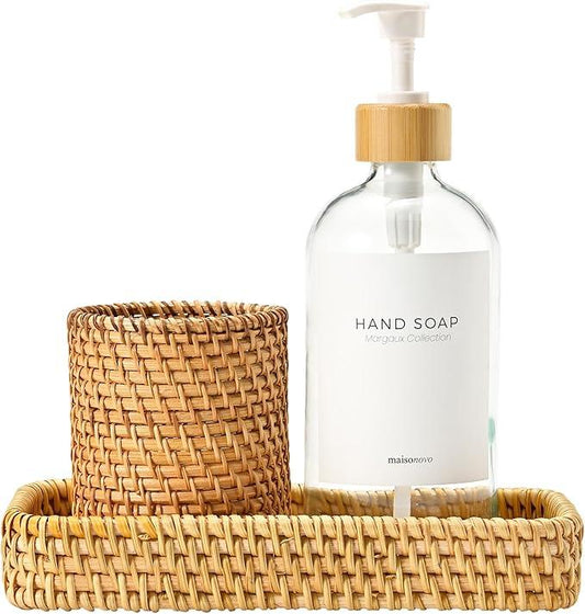 MaisoNovo Rattan Bathroom Set - Clear Countertop Dispenser, Toothbrush Holder & Toothpaste Cup with Tray - Set of 3 - Rattan Bathroom Vanity Trays Rectangle for Storage - ModernBath
