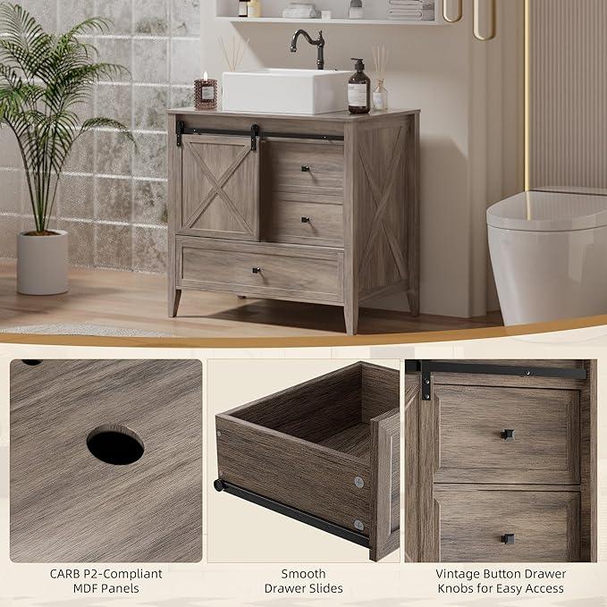 VNN Bathroom Vanity with Sink - 36 Inch Bathroom Vanity with Sink Ceramic, Freestanding Cabinet with Farmhouse Sliding Barn Door and 3 Drawers, Space-Saving Storage Cabinet, Wood Grain Texture, Grey - ModernBath