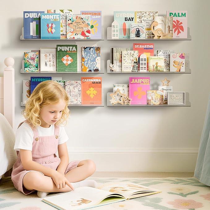 upsimples 6 Pack Acrylic Shelves for Wall Storage, 15" x 4“ Floating Bookshelves for Kids, Display Shelf Organizer for Bathroom, Bedroom, Living Room, Kitchen, Room Decor, Clear - ModernBath