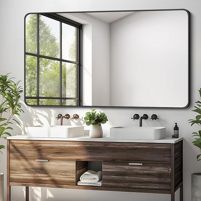 DESBING 30 x 50 Inch Bathroom Mirror, Matte Black Wall Mirror with Metal Frame, Decorative Rectangular Vanity Mirror for Bedroom Bathroom Living Room Entryway (Horizontal/Vertical) - ModernBath