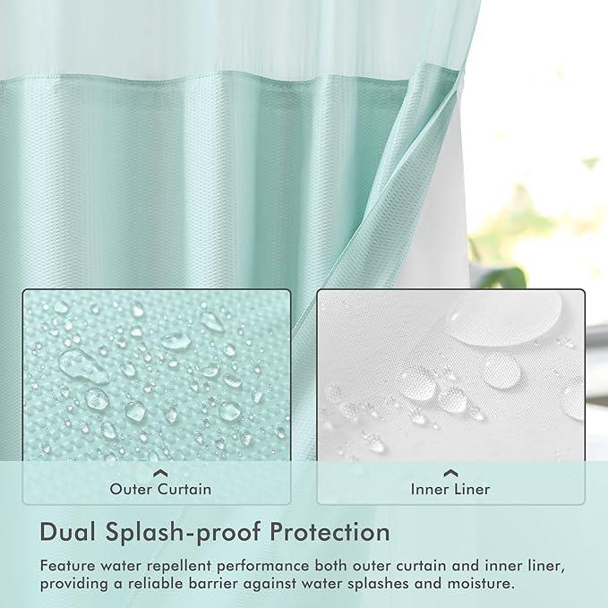 Mrs Awesome No Hook Shower Curtain with Snap-in Liner, Embossed Waffle Design Fabric Shower Curtain for Bathroom, Soft & Lightweight, 71x74, Sky Blue - ModernBath