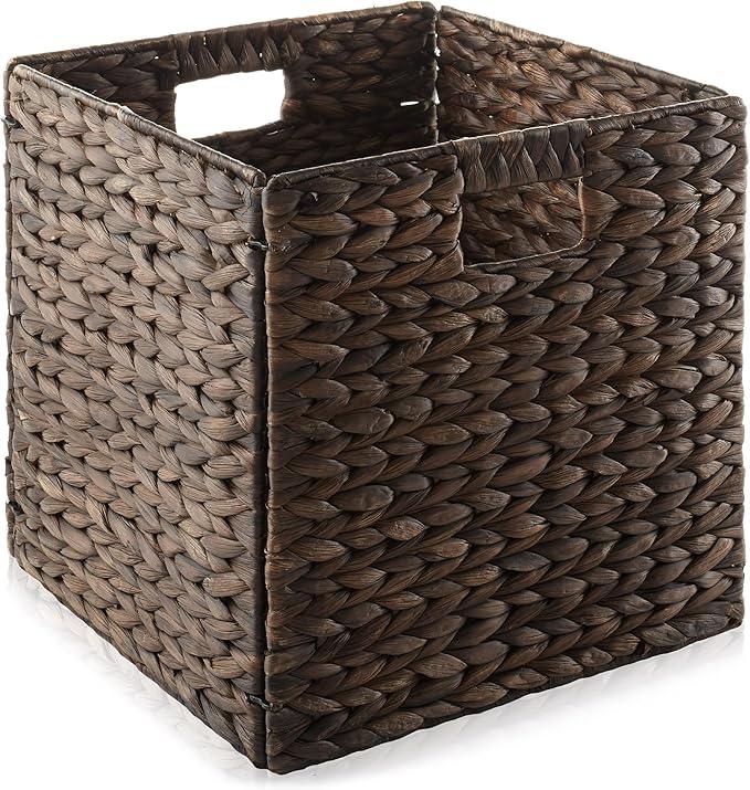Casafield 12" x 12" Water Hyacinth Storage Baskets, Espresso - Set of 6 Collapsible Cube Organizers, Woven Bins for Bathroom, Bedroom, Laundry, Pantry, Shelves - ModernBath
