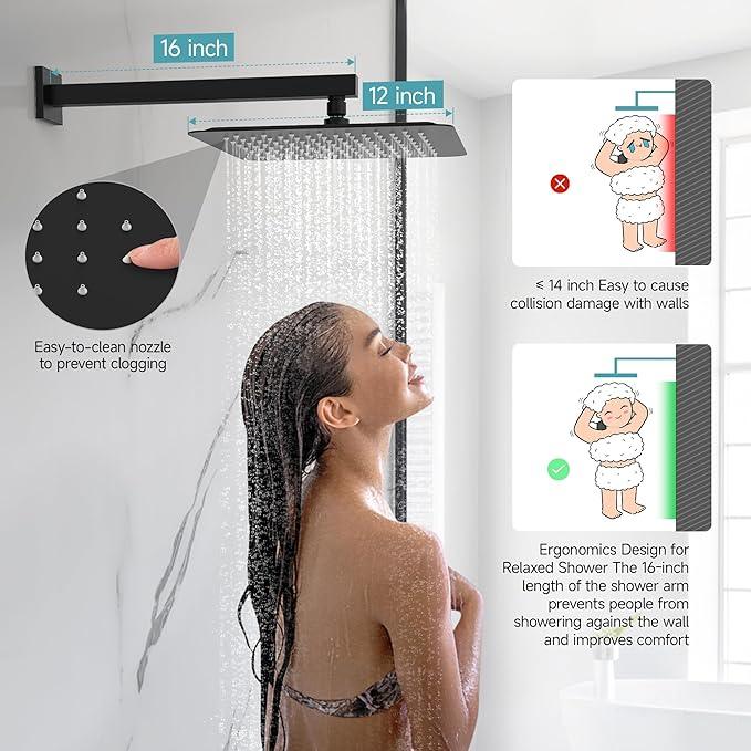 SR SUN RISE Shower Faucet Set & System - 12 Inch Rainfall Shower Head & Handle Set Wall Mounted Matte Black Solid Brass Valve Trim Kit Included - ModernBath