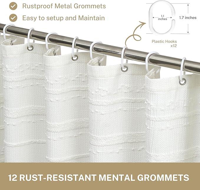 Lameirose Extra Long Farmhouse White Shower Curtain Boho, 72 x 78 Cotton Blend Tufted Weave Waffle Stripe Textured Heavy Duty, Fabric Shower Curtain for Bathroom, Hotel - ModernBath