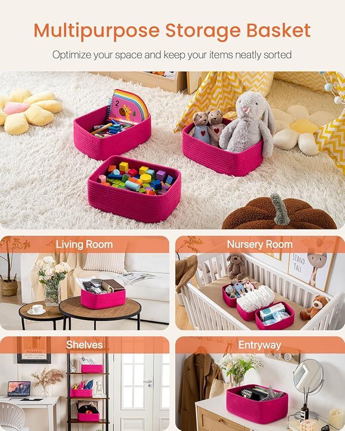Small Woven Basket, 12 x 8 x 4.5 Inches, Storage Basket for Organizing, Cute Small Rope Shelf Closet Cube Storage Bins Baskets for Shelves, Dog Toy Gift Baskets Empty, 3 Packs, Hot Pink - ModernBath