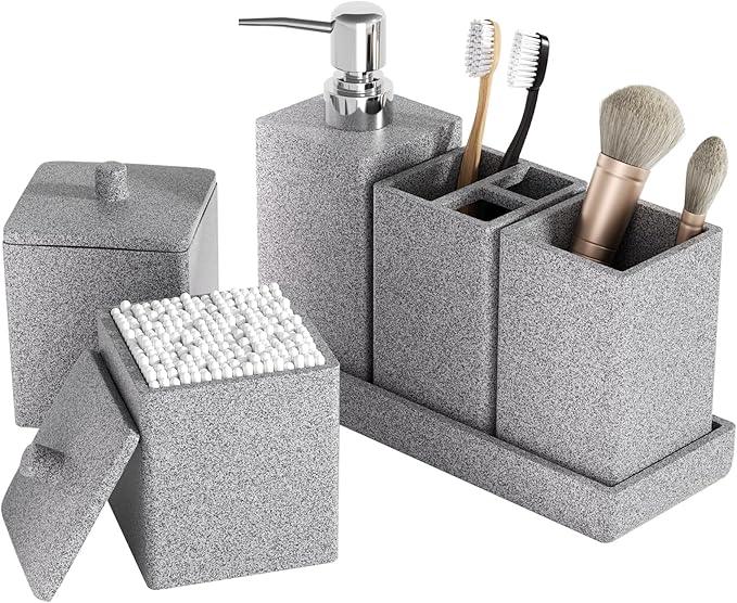Gray Bathroom Accessories Set Resin 6PCS, Square Toothbrush Holders Set Complete with Soap Dispenser, Vanity Tray, Tumbler, Cups and Cotton Swab Jars for Counter, Sink or Small Spaces - ModernBath
