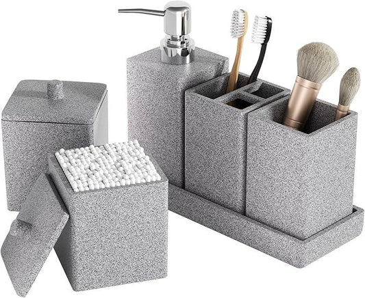 Gray Bathroom Accessories Set Resin 6PCS, Square Toothbrush Holders Set Complete with Soap Dispenser, Vanity Tray, Tumbler, Cups and Cotton Swab Jars for Counter, Sink or Small Spaces - ModernBath