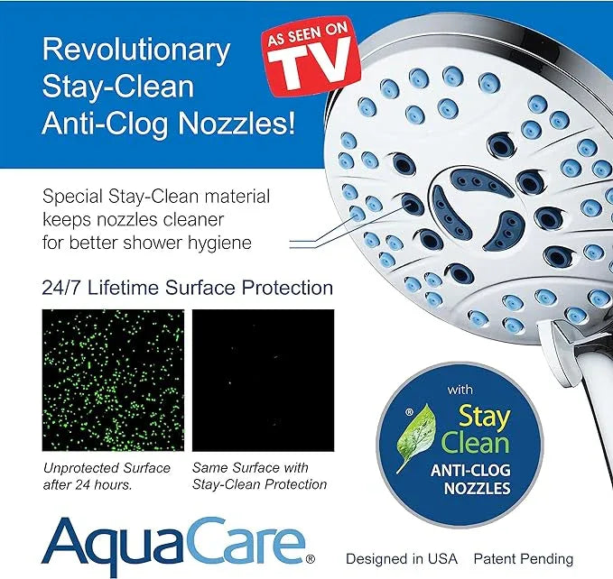 AquaCare High Pressure 8-mode Handheld Shower Head - Anti-clog Nozzles, Built-in Power Wash to Clean Tub, Tile & Pets, Extra Long 6 ft. Stainless Steel Hose, Wall & Overhead Brackets - ModernBath