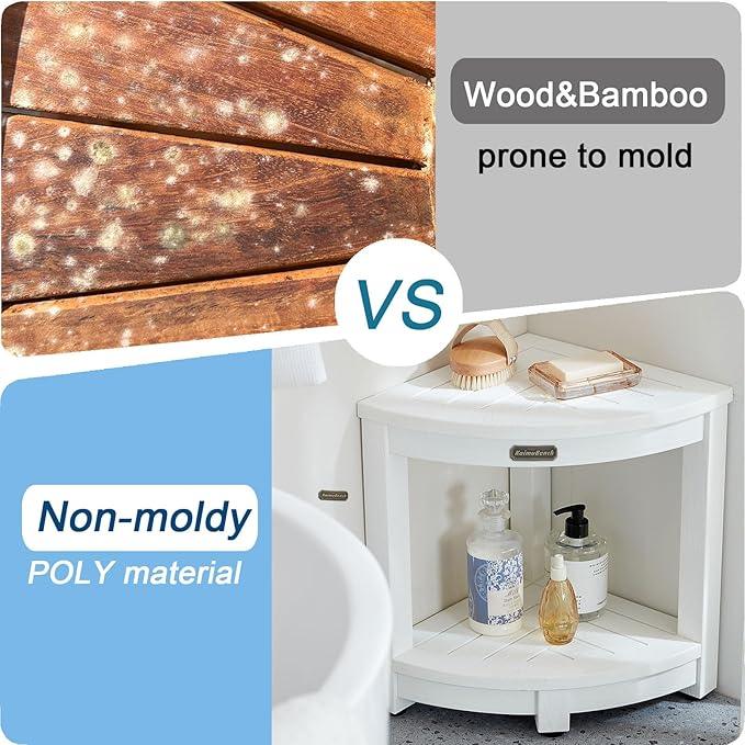 KaimuBench Corner Shower Stool for Inside Shower Waterproof, Poly Lumber Bathroom Shower Corner Bench Seat, Plastic Shower Chair Seat, Shower Shaving Foot Rest with Adjustable Feet, Non-Slip, White - ModernBath