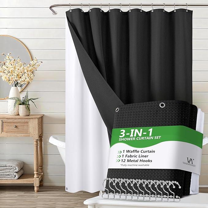 VANZAVANZU Luxury 3 in 1 Shower Curtain Set 3D Textured Waffle Weave Bathroom Curtain with Waterproof SGS Certified Fabric Liner & 12 Anti-Fall Stainless Steel Hooks, Machine Washable 72"x78" (Black) - ModernBath