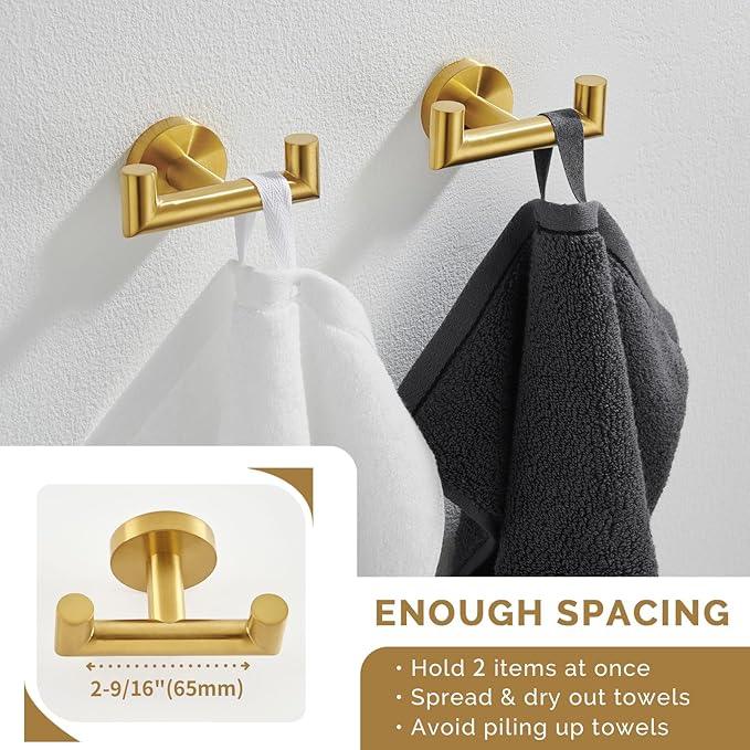 Angle Simple Towel Double Hook Brassy Gold 2 PCS, SUS304 Stainless Steel Bathroom Hand Towel Holder, Double Robe Hook, Wall Mount - ModernBath
