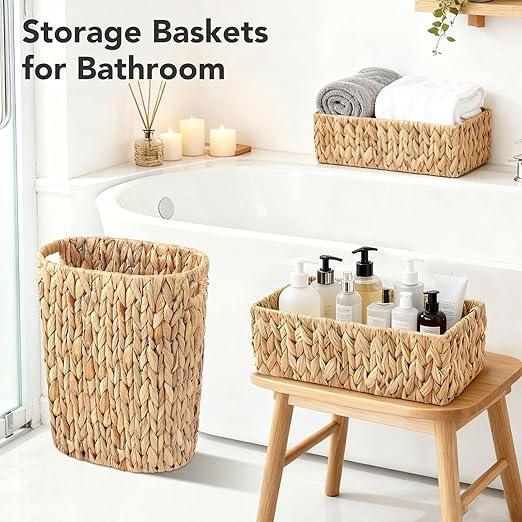 BSSN Water Hyacinth Trash Can 15L & Toilet Tank Basket,Natural Wicker Waste Bin with 2 Multifunctional Organizer Baskets for Bathroom, Toilet, Kitchen, Bedroom, Office, Balcony Decor - ModernBath