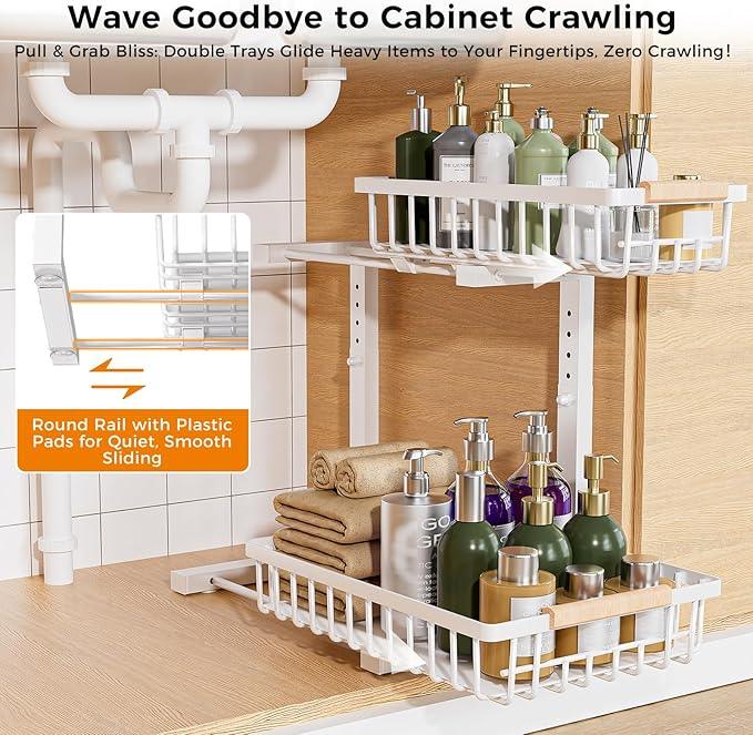 Under Sink Organizer,2 Pack Under Kitchen Sink Organizer,2 Tier Sliding-Out,5 Level Height Adjustable,Thickened Carbon Steel,Anti-rust Treatment,For Kitchen Bathroom White - ModernBath