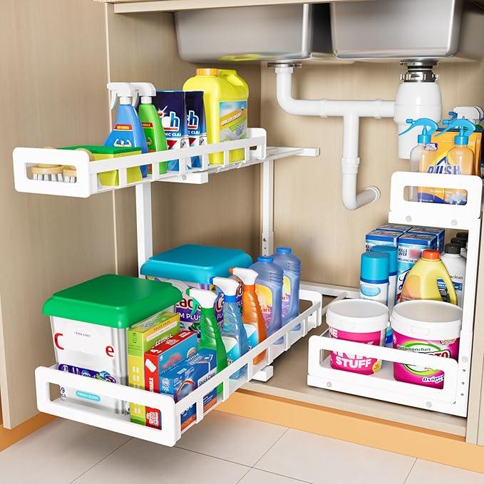 Under Sink Organizer, Metal Large Capacity 2-Tier Sliding Cabinet Storage Rack, Heavy-Duty Rust-Resistant Steel Frame, Holds 50 lbs, Adjustable Height 12–16", 14"D x 11"W for Kitchen & Bathroom, White - ModernBath