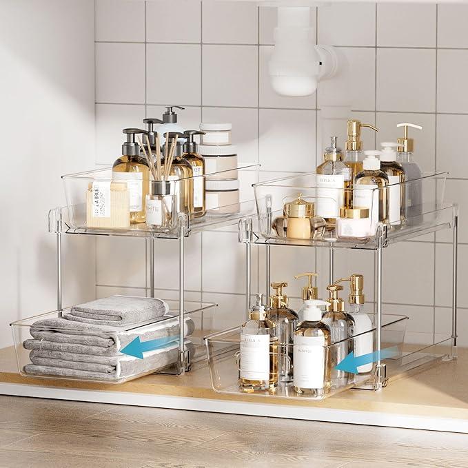 Vtopmart 6 Pack Bathroom Organizer, 2 Tier Clear Under Sink Organizers Vanity Countertop Storage Container,Cabinet Drawers Bins, Pull-Out Organization with Track for Pantry, Kitchen - ModernBath