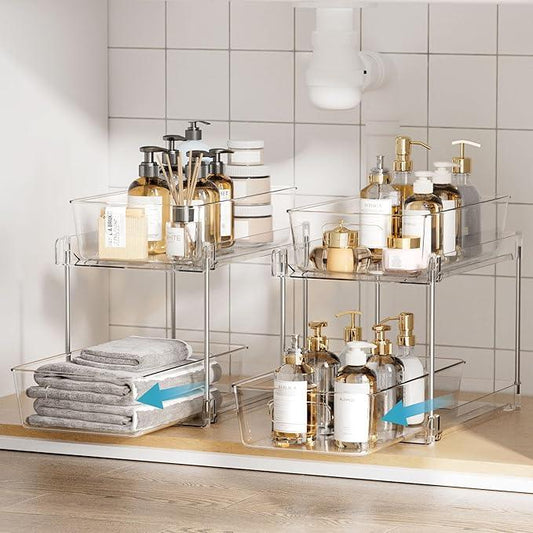 Vtopmart 2 Tier Bathroom Storage Organizer, 2 Pack Clear Under Sink Organizers Vanity Counter Container, Cabinet Drawers Bins, Pull-Out Organization with Track for Pantry, Kitchen - ModernBath