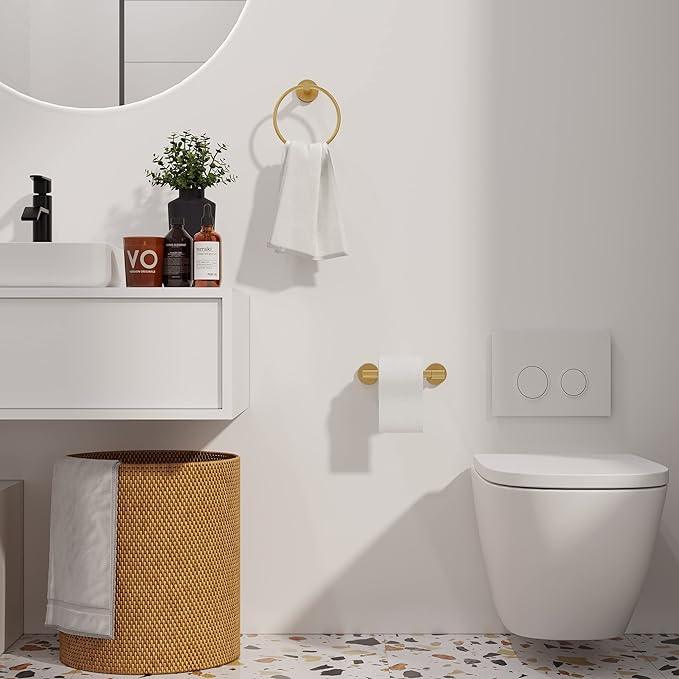 Gold Toilet Paper Holder & Towel Ring SUS304 Stainless Steel 2pc Bathroom Hardware Set with Double Post Pivoting Toilet Paper Roll Holder Wall Mount & Bathroom Towel Holder Set - ModernBath