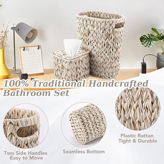 BSSN Wicker Trash Can & Square Tissue Box, Handwoven Waterproof Waste Basket with Handles, Wicker Home Set for Bedroom, Bathroom, Kitchen, Office, Balcony (Cream White)