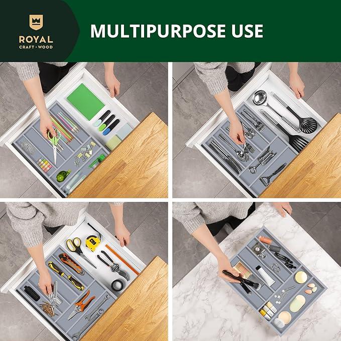 ROYAL CRAFT WOOD Luxury Bamboo Kitchen Drawer Organizer - Silverware Organizer - Utensil Holder and Cutlery Tray with Grooved Drawer Dividers for Flatware and Kitchen Utensils (7 Slot, Gray) - ModernBath