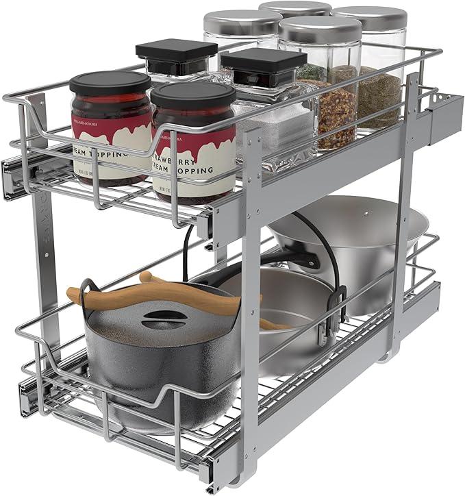 2 Tier Pull Out Cabinet Organizer 11" W X 22" D, Slide Out Drawers For Kitchen Cabinets, Pull Out Drawers For Cabinets Capacity Heavy Duty Caddy, Cabinet Pullout Shelves Chrome-Plated, Bathroom Pantry - ModernBath